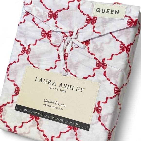 Laura Ashley Queen Size Christmas Bows & Ribbons Sheet Set CRISP COTTON PERCALE - Picture 1 of 2